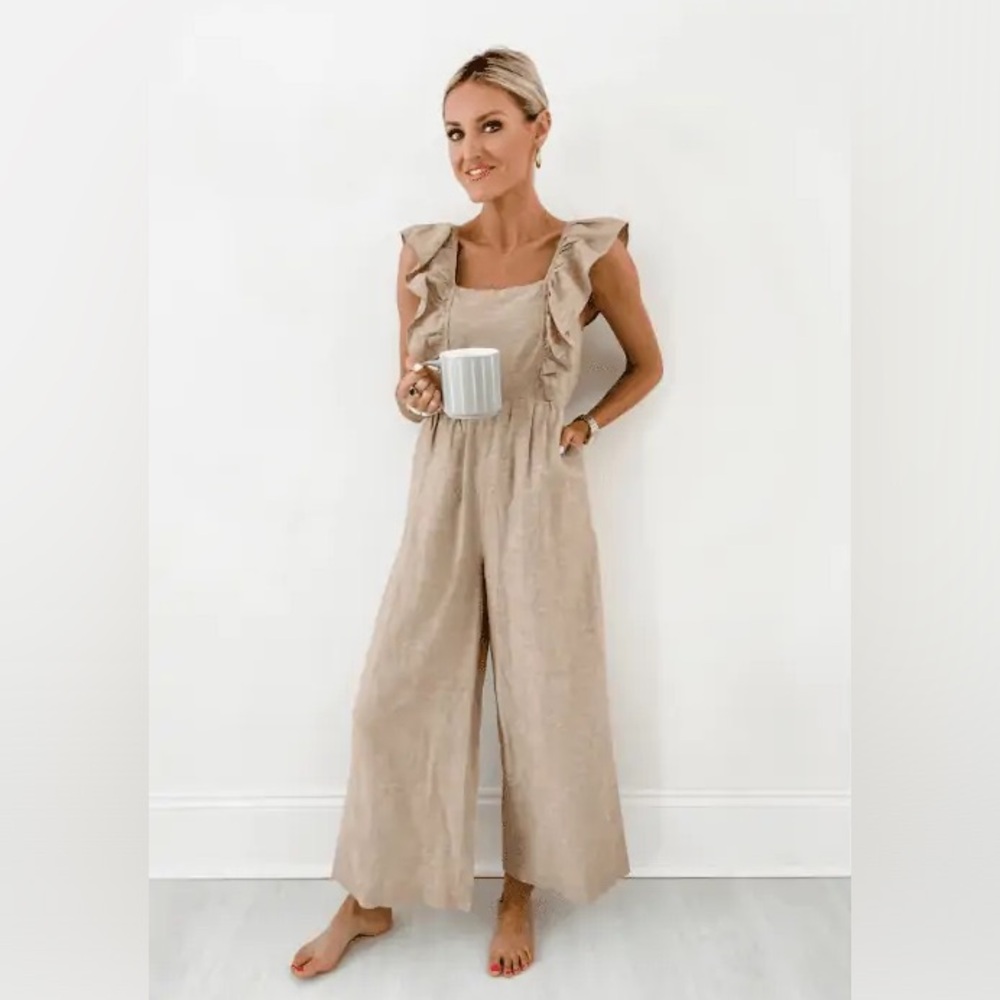 Madewell Beige Ruffle-Trim Jumpsuit